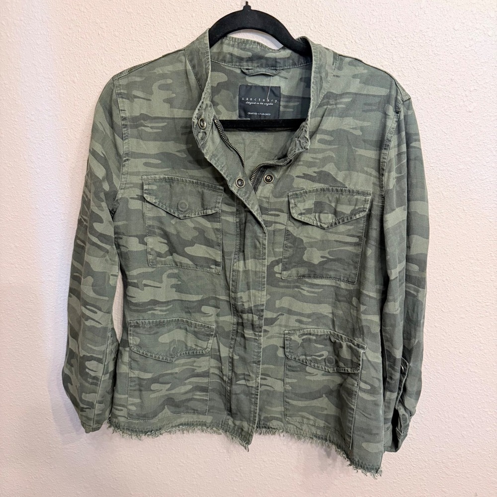 Sanctuary Womens Camo Utility Field Jacket Green Camouflage Frayed Hem